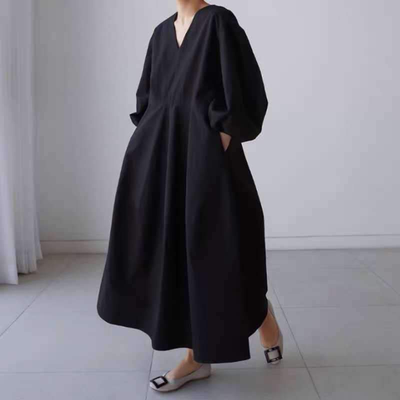 Women Loose Midi Length Casual Fall Dresses-Cozy Dresses-Black-S-Free Shipping Leatheretro