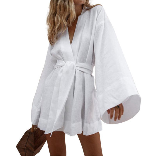 Casual Long Sleeves Short Dresses-Mini Dresses-White-S-Free Shipping Leatheretro