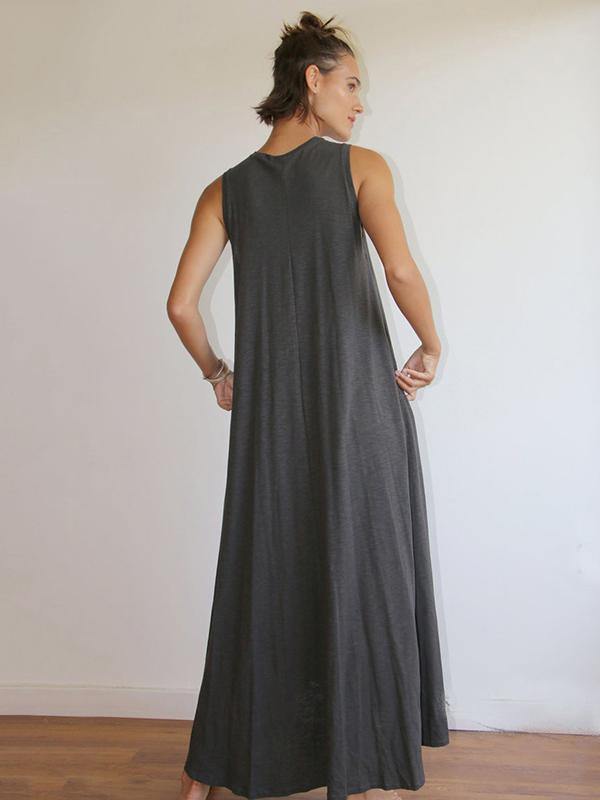 Simple Solid Sleeveless Round-neck Long Dress-Cozy Dresses q-DARK GRAY-S-Free Shipping Leatheretro