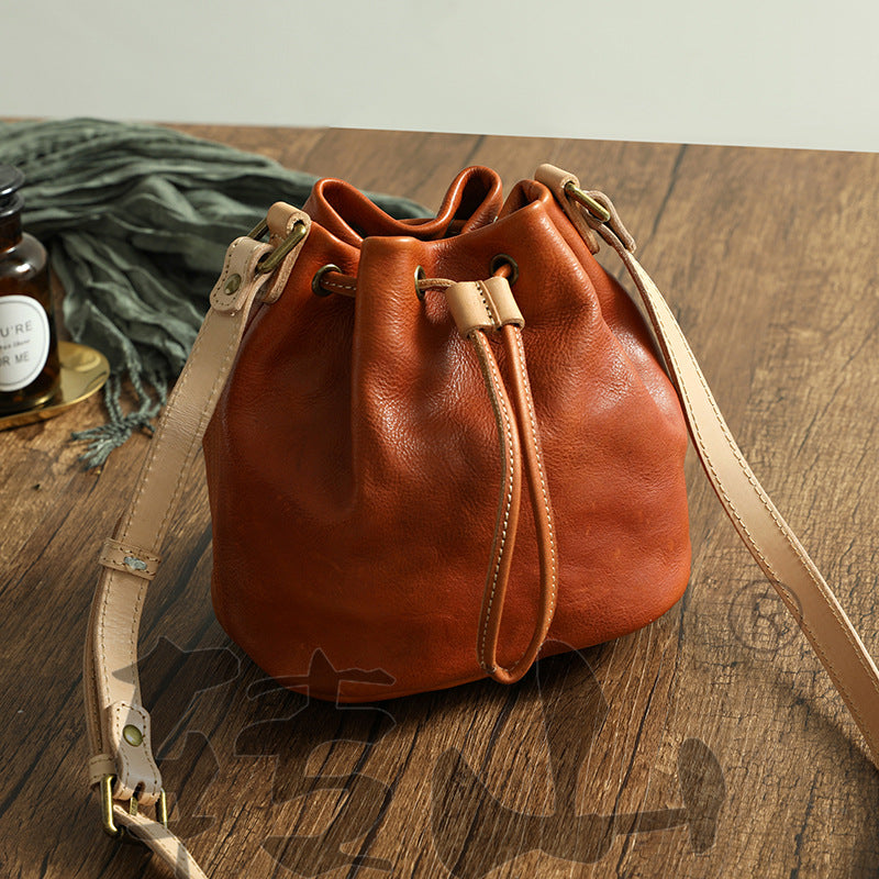 Small Women Veg Tanned Drawstring Bucket Bags 1030-Leather Bucket Bag-Brown-Free Shipping Leatheretro