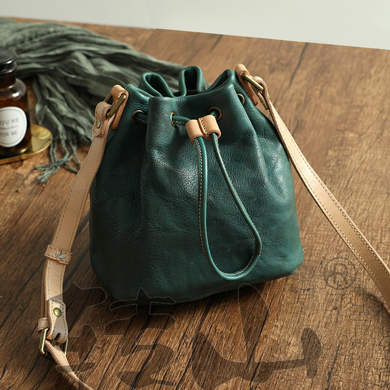 Small Women Veg Tanned Drawstring Bucket Bags 1030-Leather Bucket Bag-Green-Free Shipping Leatheretro