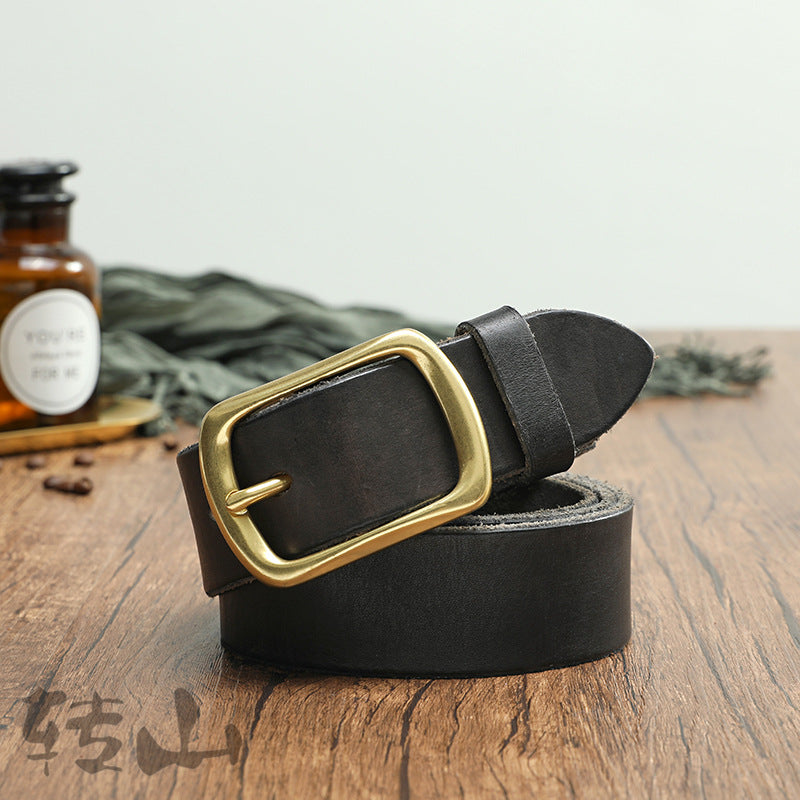 Brass Buckle Handmade Genuine Leather Belt for Men 11040-Belts-Black-105cm-Free Shipping Leatheretro