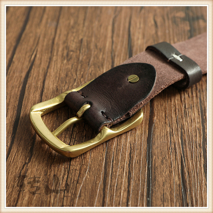 Brass Buckle Handmade Genuine Leather Belt for Men 11040-Belts-Black-105cm-Free Shipping Leatheretro