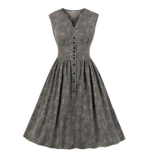 Summer Sleevess Retro Floral Print Women Dresses-Vintage Dresses-Gray-S-Free Shipping Leatheretro