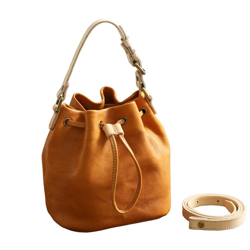 Small Women Veg Tanned Drawstring Bucket Bags 1030-Leather Bucket Bag-Yellow-Free Shipping Leatheretro