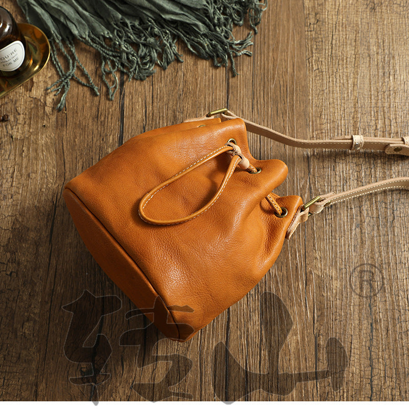 Small Women Veg Tanned Drawstring Bucket Bags 1030-Leather Bucket Bag-Yellow-Free Shipping Leatheretro