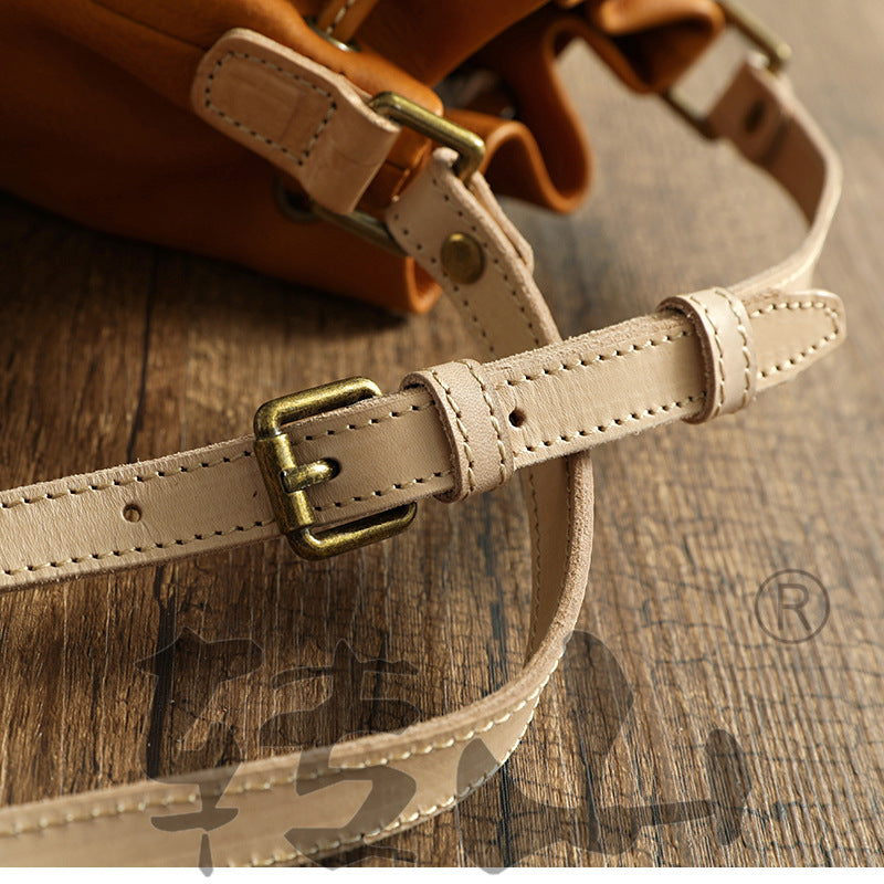 Small Women Veg Tanned Drawstring Bucket Bags 1030-Leather Bucket Bag-Yellow-Free Shipping Leatheretro