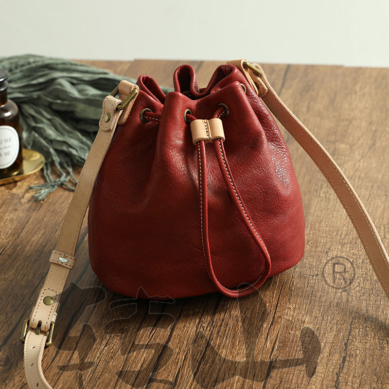 Small Women Veg Tanned Drawstring Bucket Bags 1030-Leather Bucket Bag-Wine Red-Free Shipping Leatheretro