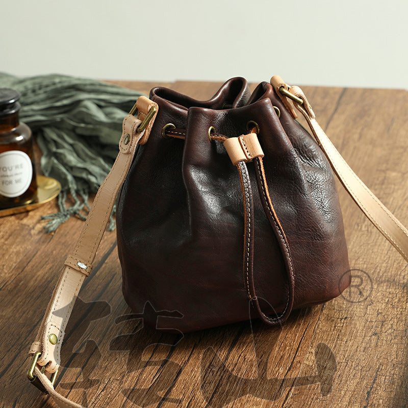 Small Women Veg Tanned Drawstring Bucket Bags 1030-Leather Bucket Bag-Coffee-Free Shipping Leatheretro