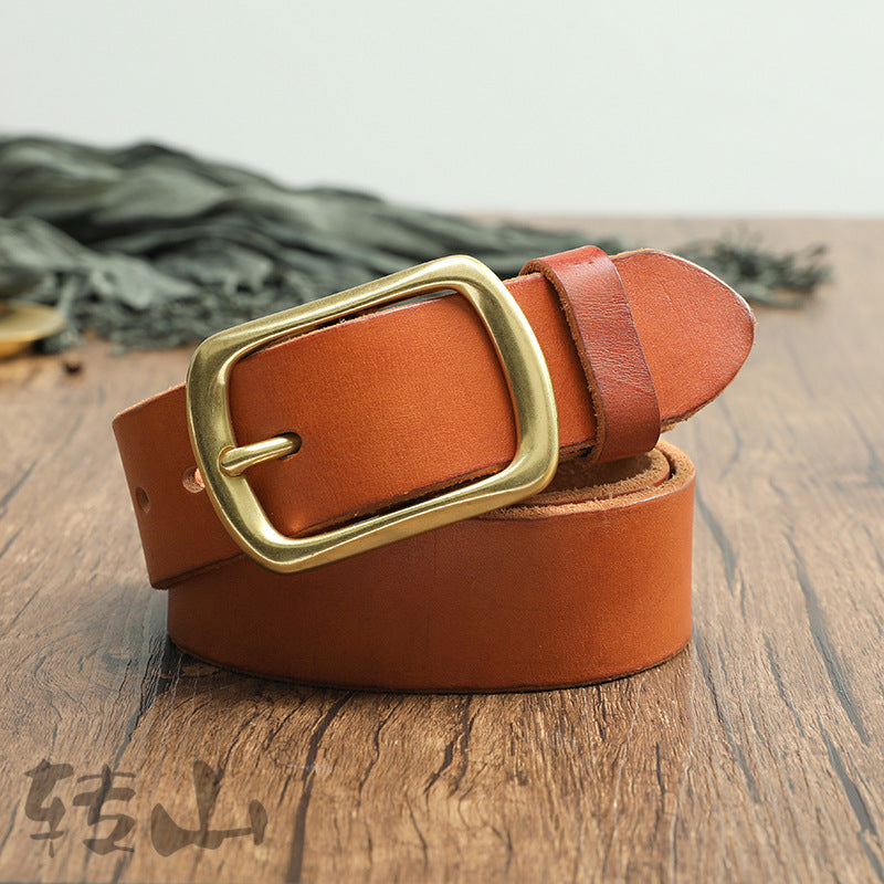 Brass Buckle Handmade Genuine Leather Belt for Men 11040-Belts-Brown-105cm-Free Shipping Leatheretro