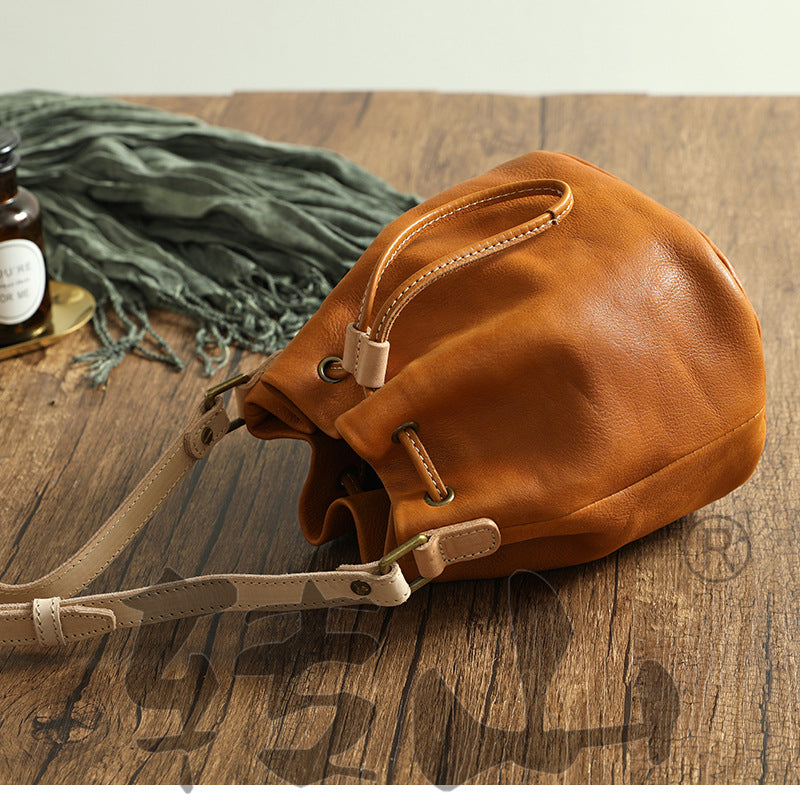 Small Women Veg Tanned Drawstring Bucket Bags 1030-Leather Bucket Bag-Yellow-Free Shipping Leatheretro