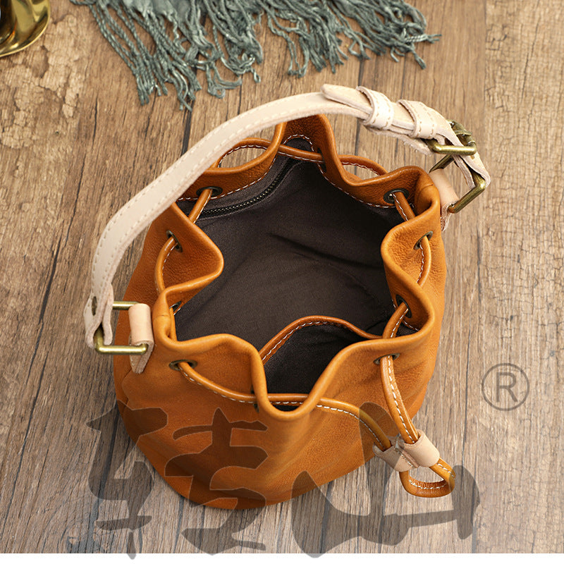 Small Women Veg Tanned Drawstring Bucket Bags 1030-Leather Bucket Bag-Yellow-Free Shipping Leatheretro