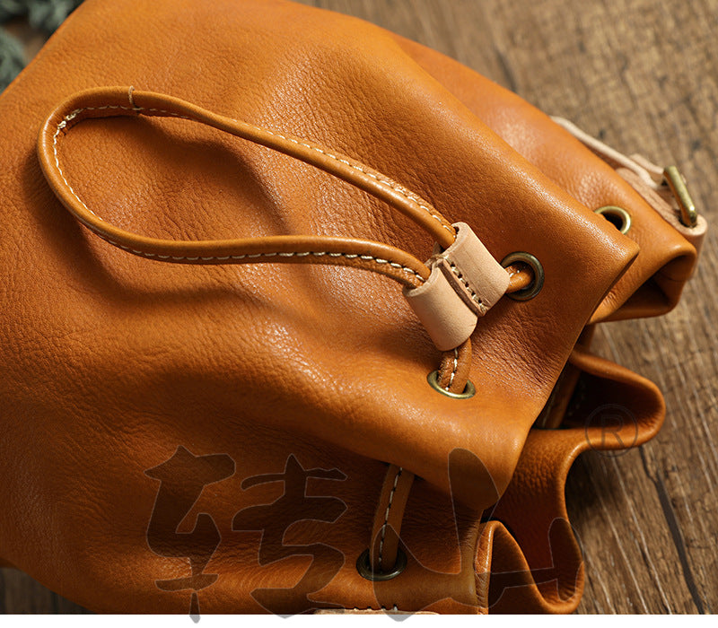 Small Women Veg Tanned Drawstring Bucket Bags 1030-Leather Bucket Bag-Yellow-Free Shipping Leatheretro