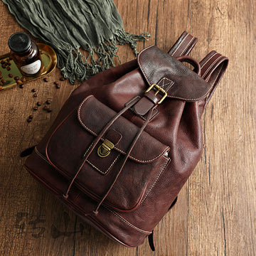 Handmade Veg Tanned Leather Backpack For Women 4301-Leather Backpack-Black-Free Shipping Leatheretro