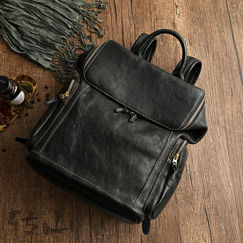 Vintage Large Storage Vege Tanned Leather Backpack 43080-Backpacks-Black-Free Shipping Leatheretro
