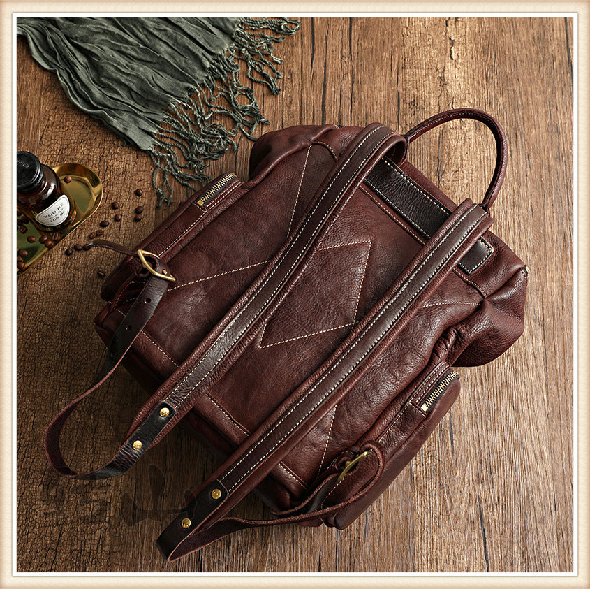 Vintage Large Storage Vege Tanned Leather Backpack 43080-Backpacks-Black-Free Shipping Leatheretro