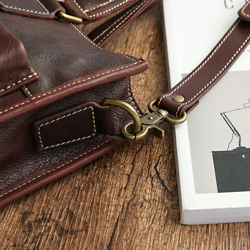 Handmade Veg Tanned Leather Business Laptop Bag for Men 2028-Leather Briefcase-Brown-Zipper-Free Shipping Leatheretro