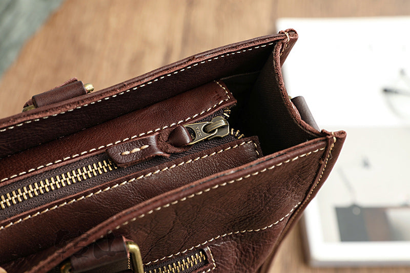 Handmade Veg Tanned Leather Business Laptop Bag for Men 2028-Leather Briefcase-Brown-Zipper-Free Shipping Leatheretro