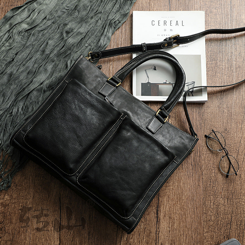 Handmade Veg Tanned Leather Business Laptop Bag for Men 2028-Leather Briefcase-Brown-Zipper-Free Shipping Leatheretro