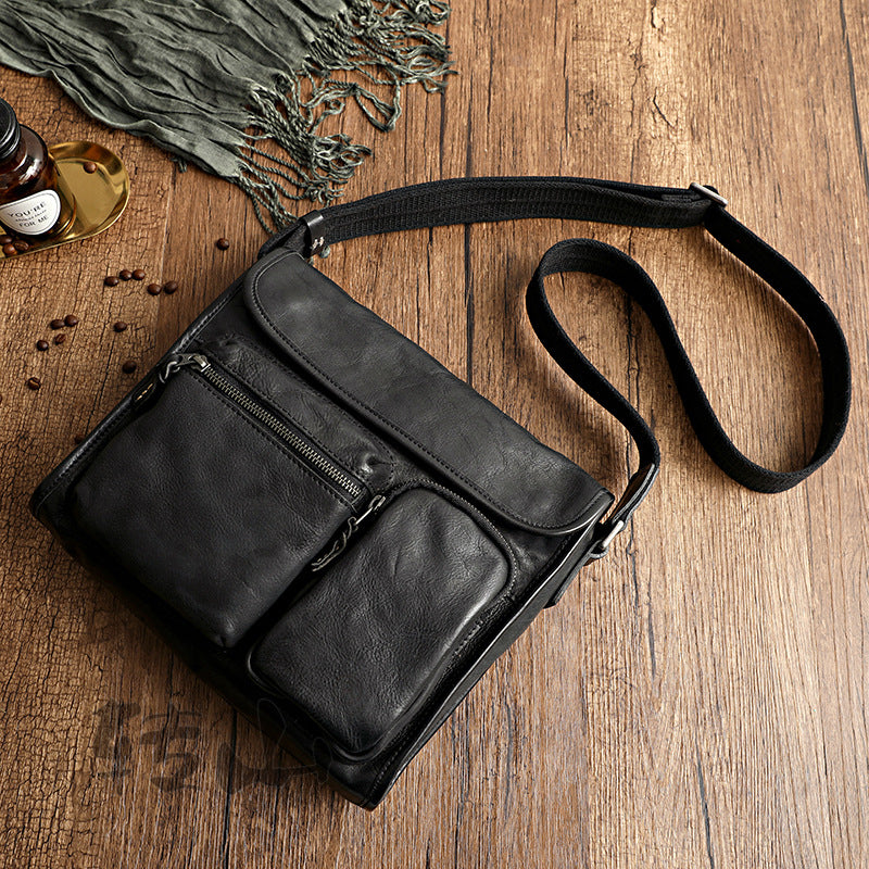 Vintage Vege Tanned Leather Motorcycle Bag for Men 32056-Handbags-Black-Free Shipping Leatheretro