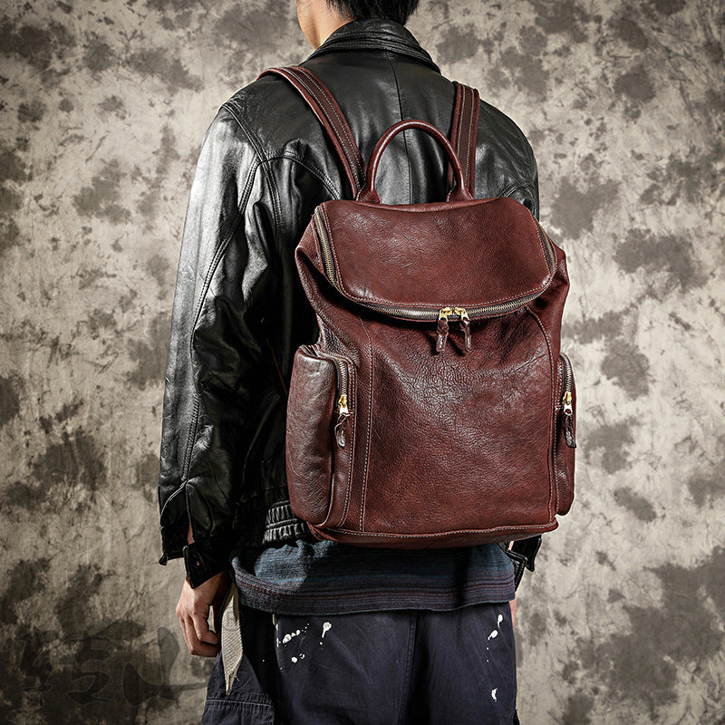 Vintage Large Storage Vege Tanned Leather Backpack 43080-Backpacks-Black-Free Shipping Leatheretro