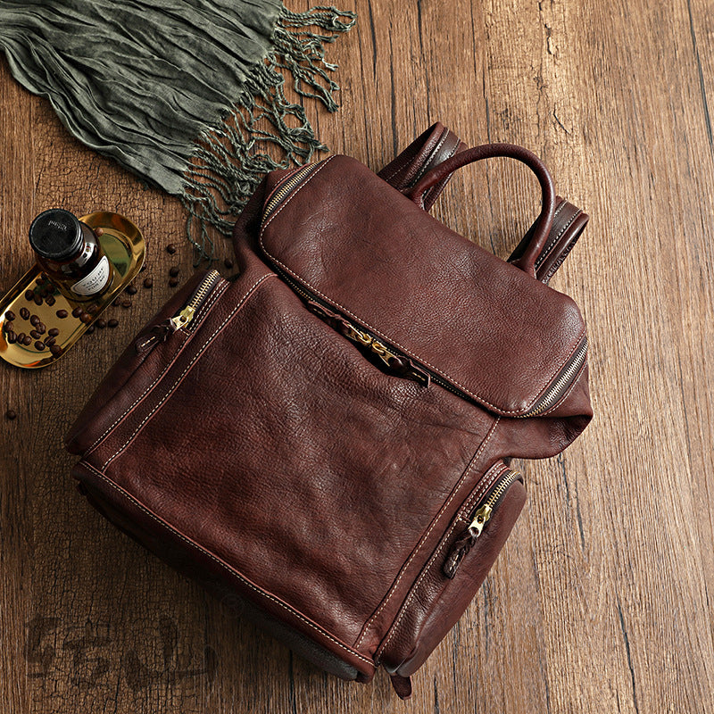 Vintage Large Storage Vege Tanned Leather Backpack 43080-Backpacks-Coffee-Free Shipping Leatheretro
