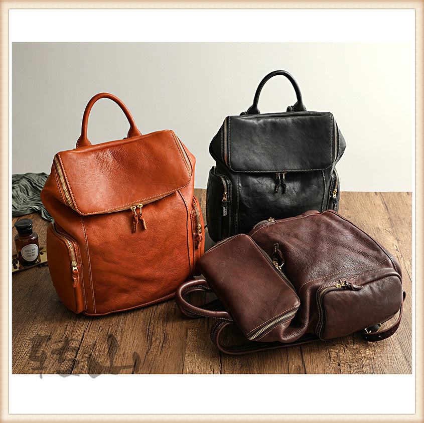 Vintage Large Storage Vege Tanned Leather Backpack 43080-Backpacks-Black-Free Shipping Leatheretro