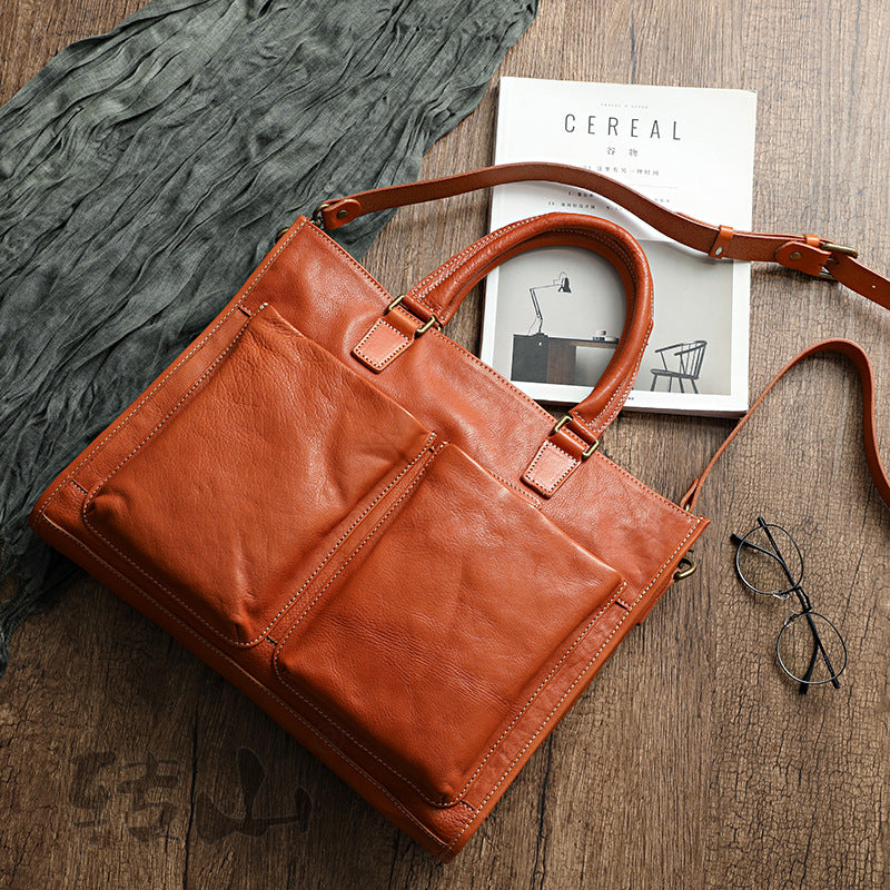 Handmade Veg Tanned Leather Business Laptop Bag for Men 2028-Leather Briefcase-Brown-Zipper-Free Shipping Leatheretro