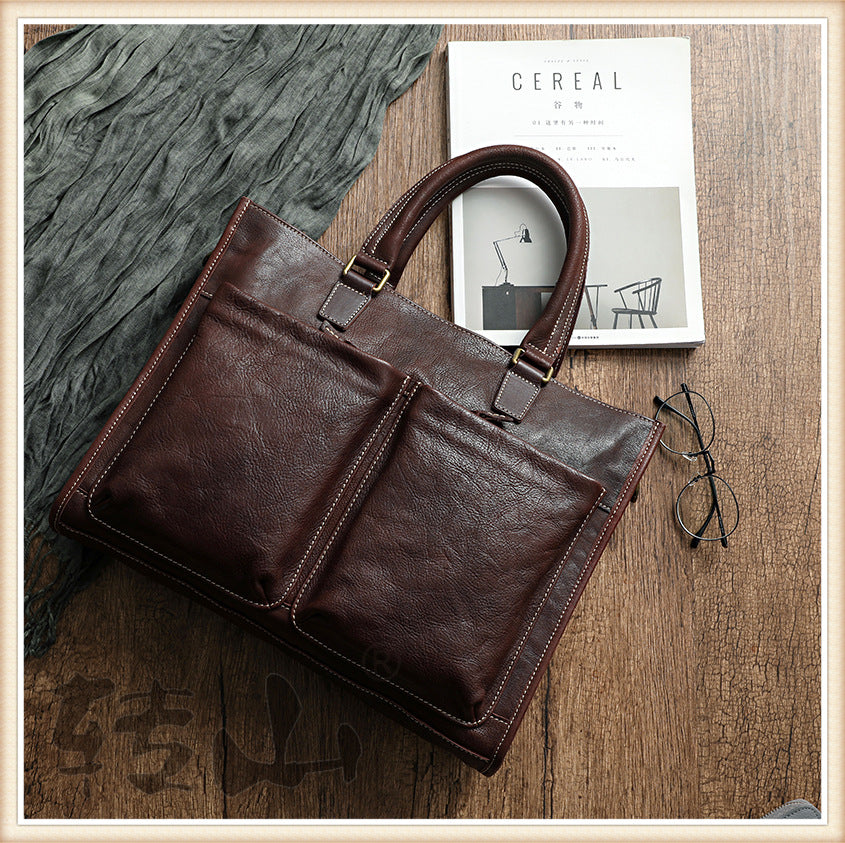 Handmade Veg Tanned Leather Business Laptop Bag for Men 2028-Leather Briefcase-Brown-Zipper-Free Shipping Leatheretro