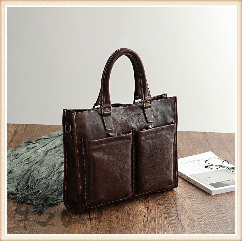 Handmade Veg Tanned Leather Business Laptop Bag for Men 2028-Leather Briefcase-Brown-Zipper-Free Shipping Leatheretro