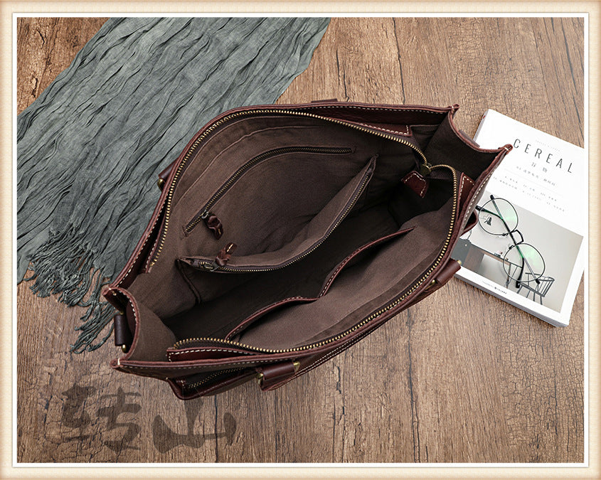 Handmade Veg Tanned Leather Business Laptop Bag for Men 2028-Leather Briefcase-Brown-Zipper-Free Shipping Leatheretro