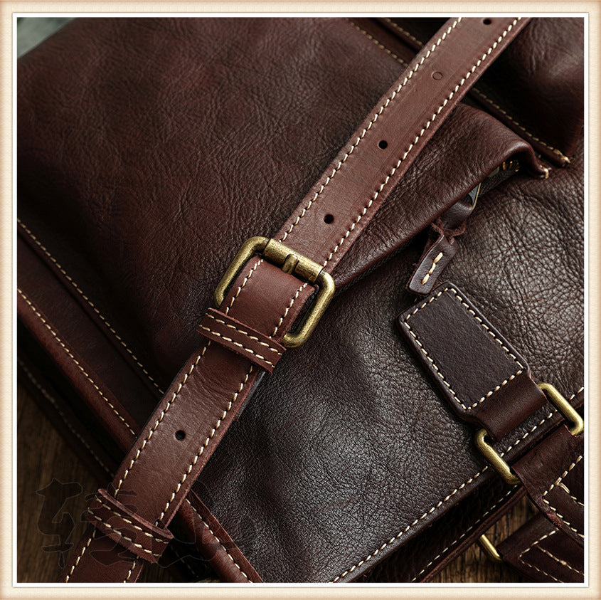 Handmade Veg Tanned Leather Business Laptop Bag for Men 2028-Leather Briefcase-Brown-Zipper-Free Shipping Leatheretro