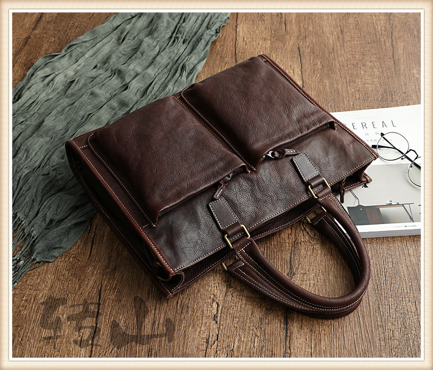 Handmade Veg Tanned Leather Business Laptop Bag for Men 2028-Leather Briefcase-Brown-Zipper-Free Shipping Leatheretro