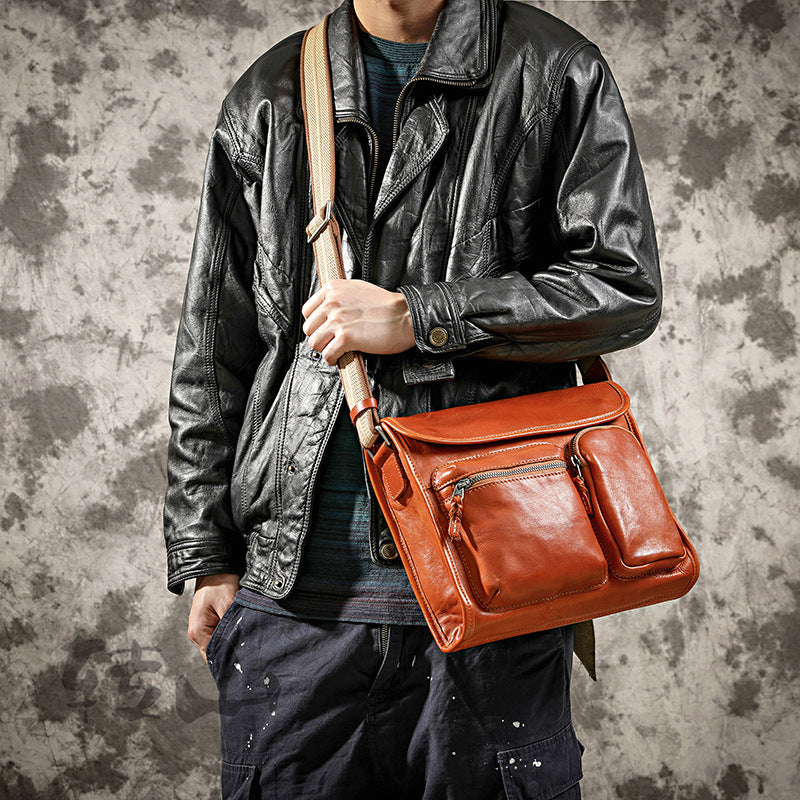 Vintage Vege Tanned Leather Motorcycle Bag for Men 32056-Handbags-Black-Free Shipping Leatheretro