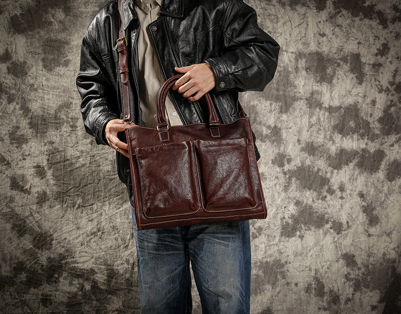 Handmade Veg Tanned Leather Business Laptop Bag for Men 2028-Leather Briefcase-Brown-Zipper-Free Shipping Leatheretro