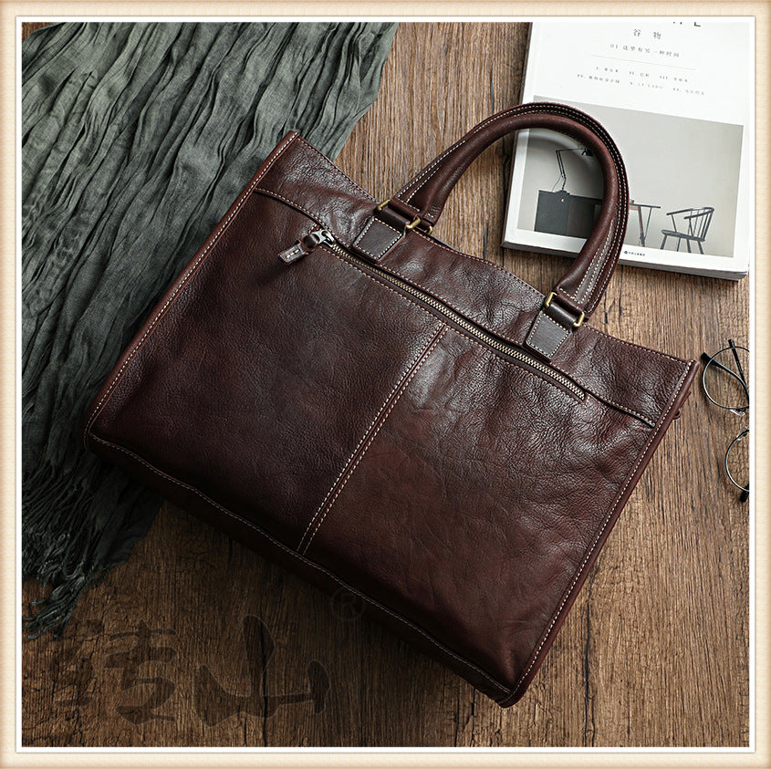 Handmade Veg Tanned Leather Business Laptop Bag for Men 2028-Leather Briefcase-Brown-Zipper-Free Shipping Leatheretro