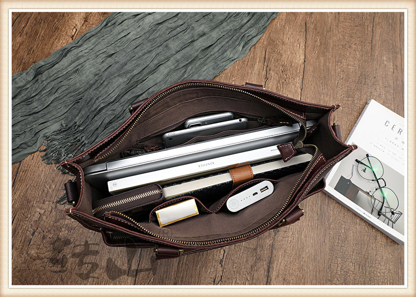 Handmade Veg Tanned Leather Business Laptop Bag for Men 2028-Leather Briefcase-Brown-Zipper-Free Shipping Leatheretro