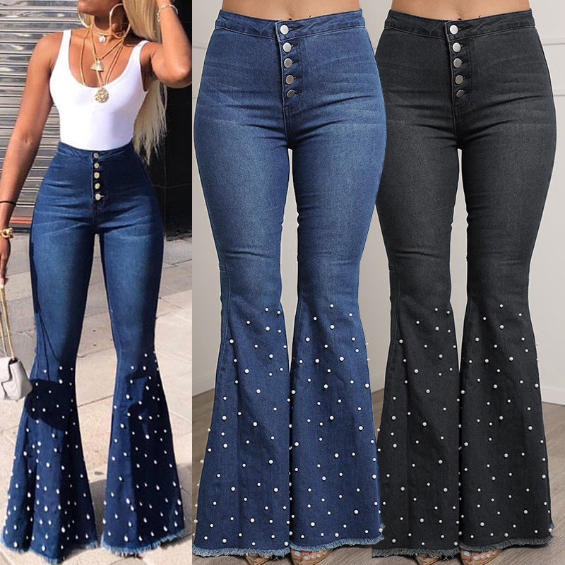 Casual Beaded Women Trumpet Jeans-Pants-Blue-S-Free Shipping Leatheretro