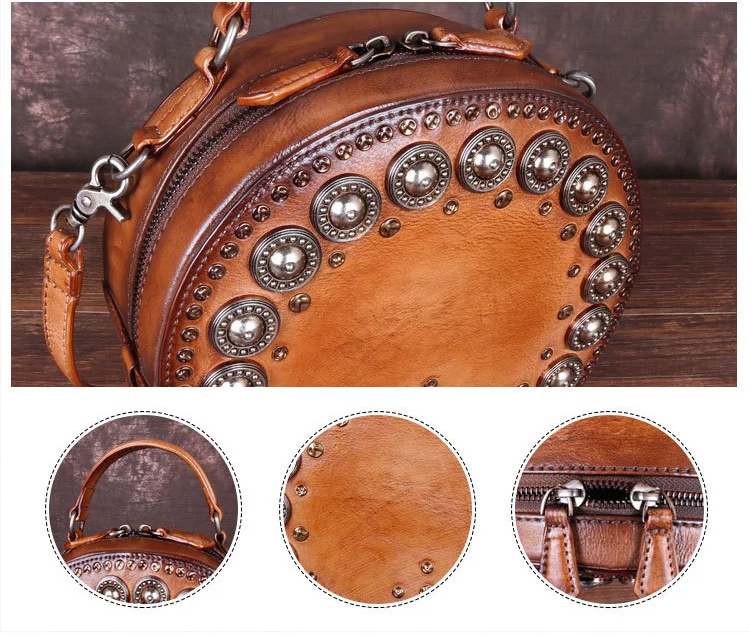Vintage Handmade Rivet Cute Round Shape Leather Bags 8093-Leather Bags for Women-Red-Free Shipping Leatheretro