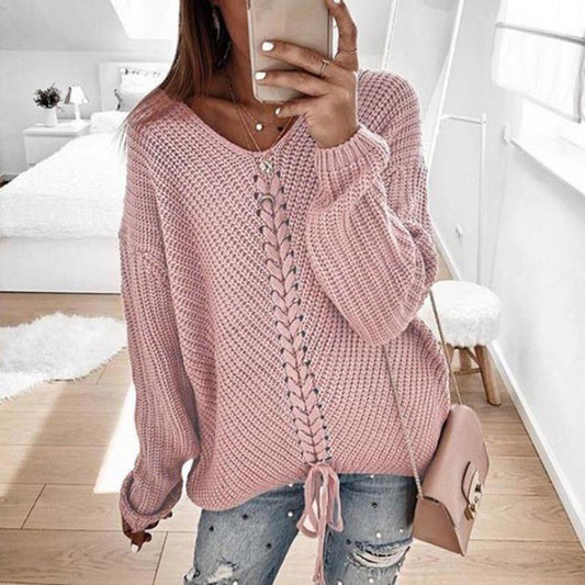 Women V-neck Loose Knitting Sweaters-Sweaters-Pink-S-Free Shipping Leatheretro