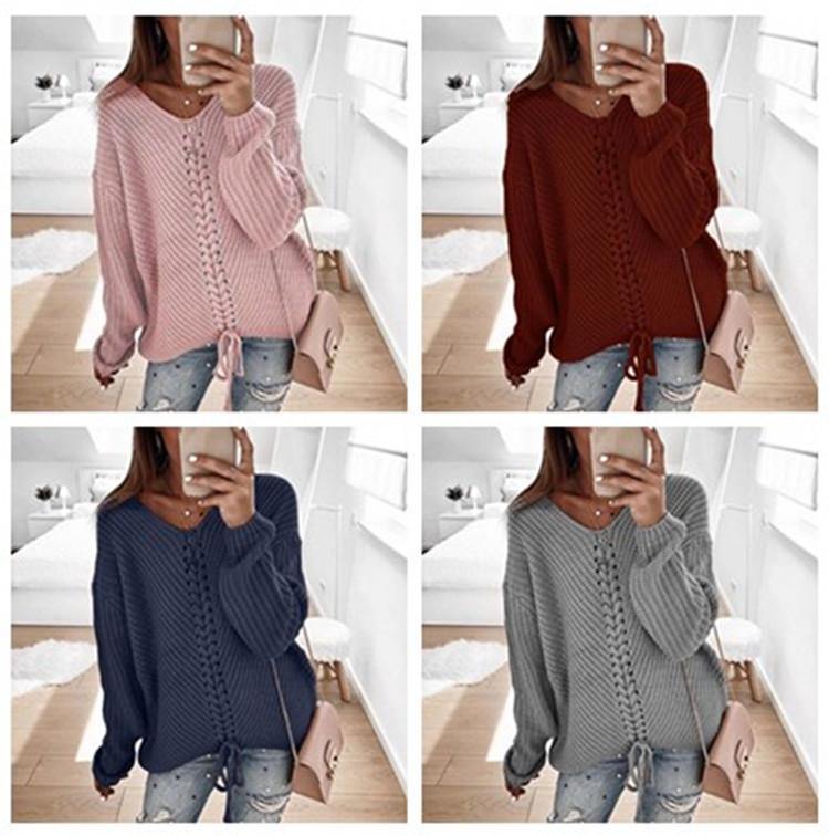 Women V-neck Loose Knitting Sweaters-Sweaters-Pink-S-Free Shipping Leatheretro