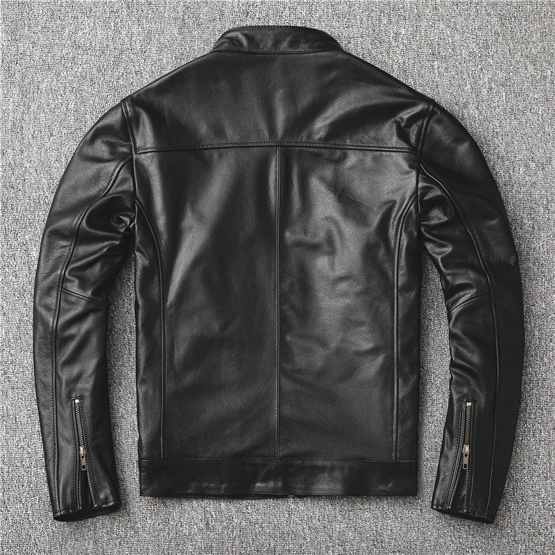 Fashion Cowhide Leather Stand Collar Short Jackets for Men-Coats & Jackets-Black-S-Free Shipping Leatheretro