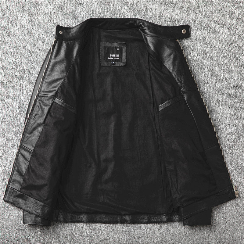 Fashion Cowhide Leather Stand Collar Short Jackets for Men-Coats & Jackets-Black-S-Free Shipping Leatheretro