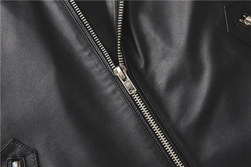 Fashion Cowhide Leather Stand Collar Short Jackets for Men-Coats & Jackets-Black-S-Free Shipping Leatheretro