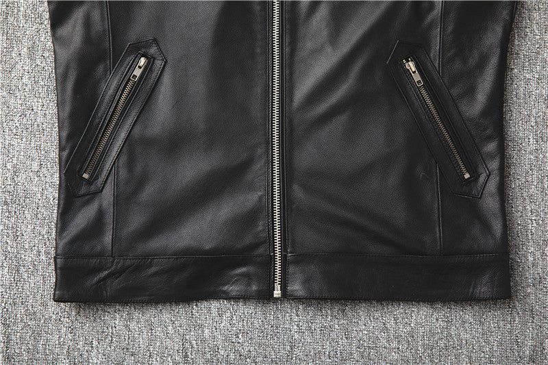 Fashion Cowhide Leather Stand Collar Short Jackets for Men-Coats & Jackets-Black-S-Free Shipping Leatheretro