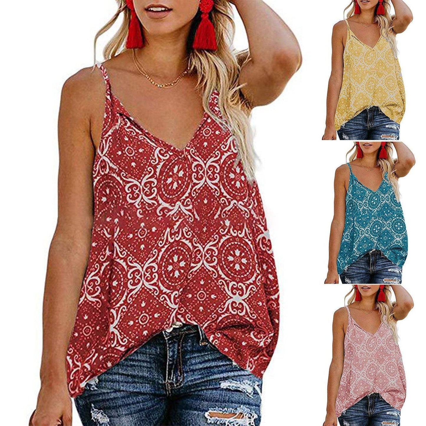 Print V-neck Women Summer Crop Tops-Crop Tops-Red-S-Free Shipping Leatheretro