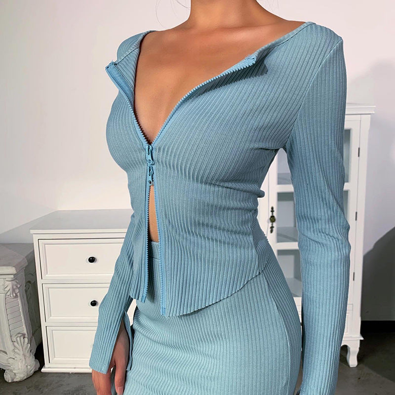 Sexy Knitting Slim Long Sleeves Zipper Tops and Skirts Sets-Suits-Blue-Top-S-Free Shipping Leatheretro