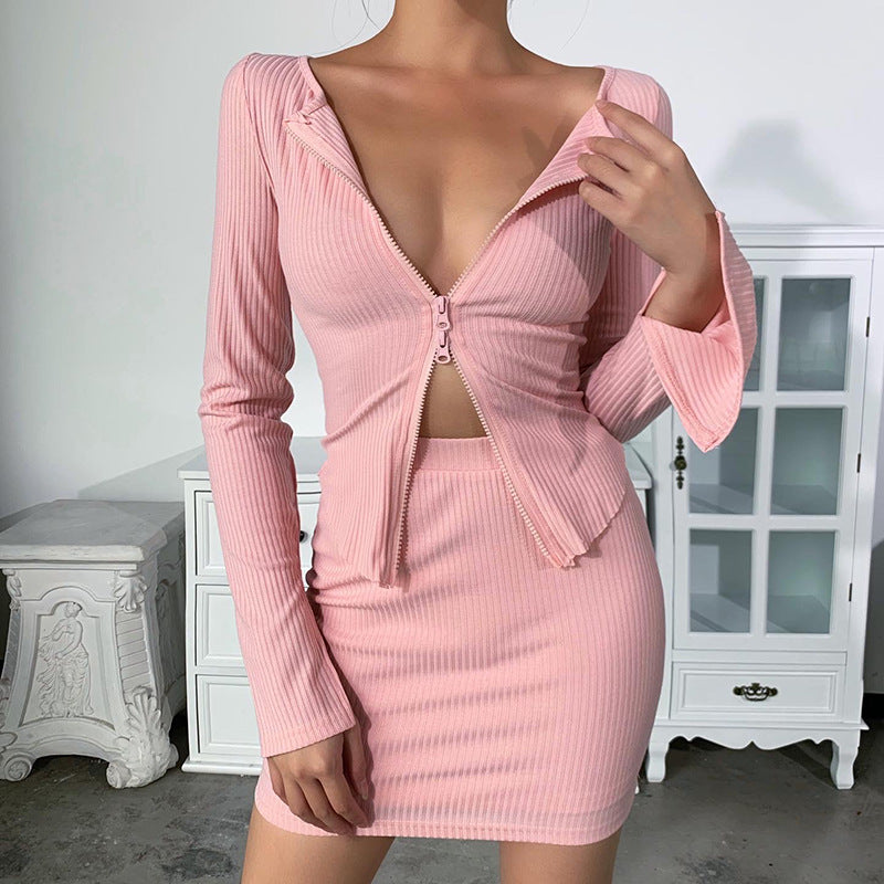 Sexy Knitting Slim Long Sleeves Zipper Tops and Skirts Sets-Suits-Pink-Skirt-S-Free Shipping Leatheretro