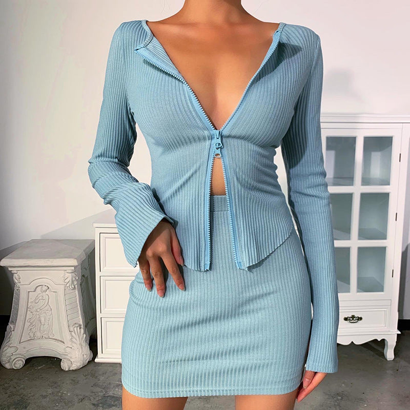 Sexy Knitting Slim Long Sleeves Zipper Tops and Skirts Sets-Suits-Blue-Skirt-S-Free Shipping Leatheretro