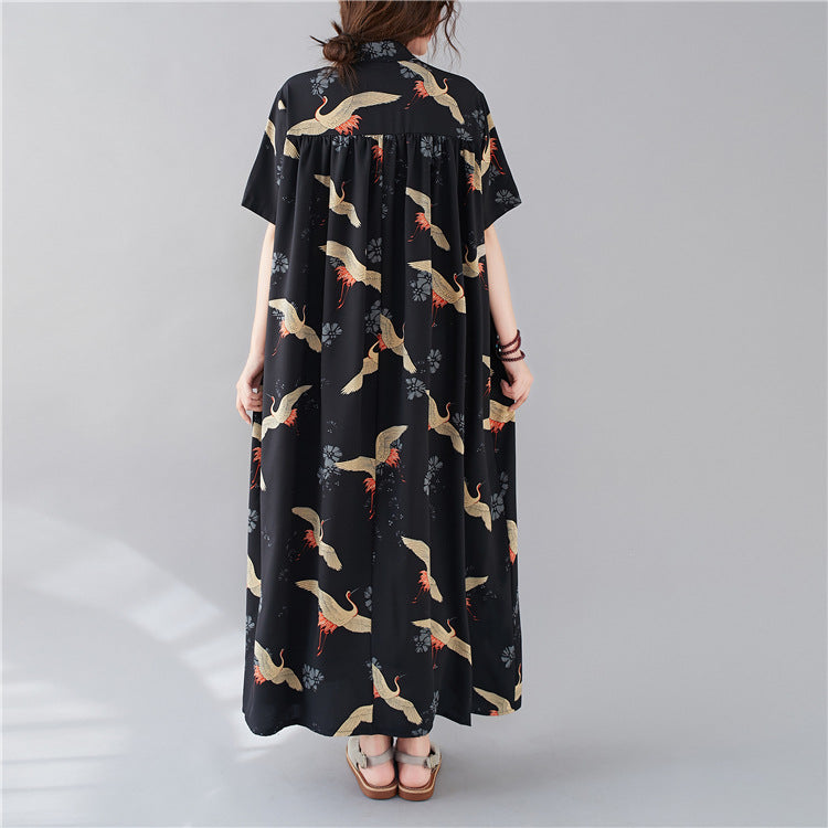 Summer Stand Collar Crane Print Plus Sizes Women Long Shirt Dresses-Dresses-The same as picture-One Size (45-75kg)-Free Shipping Leatheretro